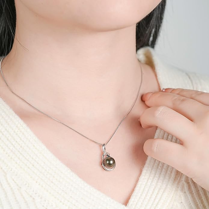 Tahitian Black Pearl Necklaces for Women, Sterling Silver Single Pearl Pendant Necklace Birthday Anniversary Jewelry Gifts for Wife Mom