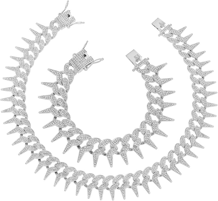 HH BLING EMPIRE Mens Gold Silver Plated Spike Cuban Link Chain Necklace and Bracelet Sets, Chunky Iced Out Diamond Miami Cuban Link Chains Hip Hop Jewelry