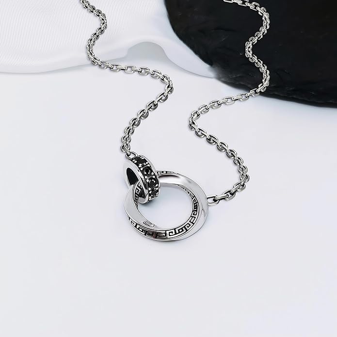 BRAYEG Möbius Strip Men's Necklace, Double Ring Black Onyx Pendant Necklace for Men, Silver Interlocking Circle Mens Necklaces holiday,Jewelry Gift for Him Boyfriend Husband (22+2Inchs)