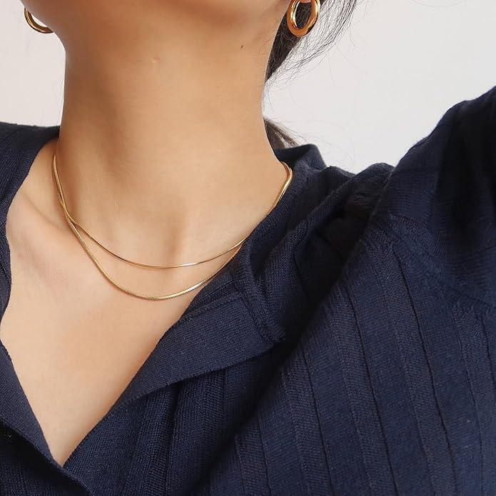 CHESKY Gold Necklace for Women-14K Gold Plated/Sterling Silver Plated Snake Chain Necklace Dainty Simple Chunky Herringbone Necklace Choker Necklaces Jewelry for Women