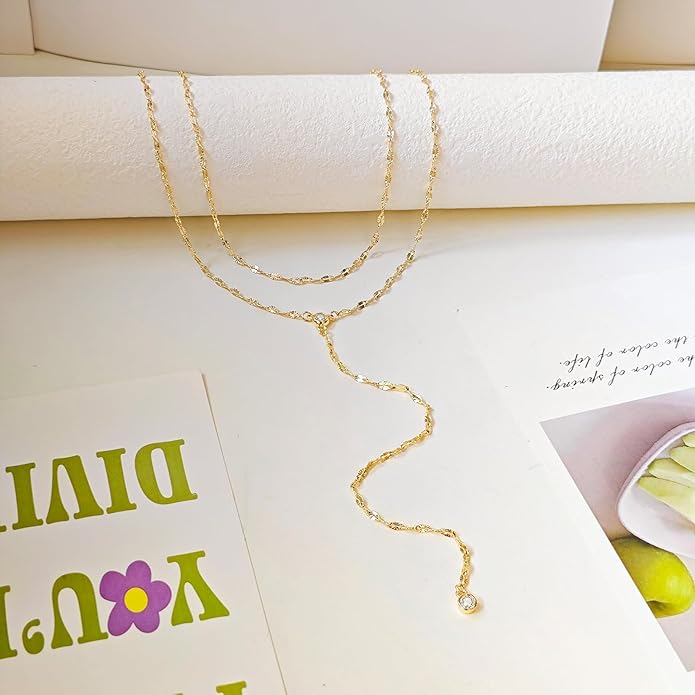 Lariat Silver/Gold Necklace for Women 925 Silver/14K Gold Plated Dainty Long Necklace Y-Shaped Drop Pendant Necklaces Choker Trendy Chain Simple Layered Necklaces CZ Jewelry for Women Set Gift