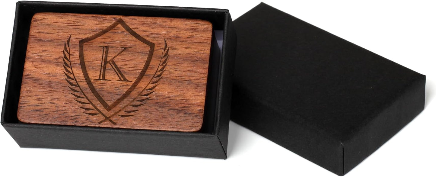 Mens Initial Cufflinks and Tie Clip A-Z Alphabet Letter Black Stainless Cuff Links Tie Bar with Engraved Walnut Wood Box Groom Groomsman Wedding Set