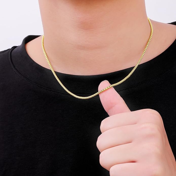 Fiusem Box Chain for Men, Silver Tone/14K Gold Plated/Black Stainless Steel Necklace for Men and Women, Width 2/2.5/3/4/5mm, Length 18-28 Inches
