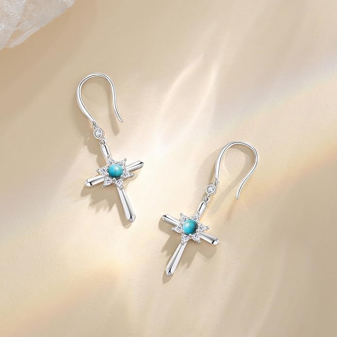FANCIME Cross Dangle Drop Earrings 925 Sterling Silver Dainty Round Birthstone Earring Fine Jewelry Birthday Gifts for Her Women