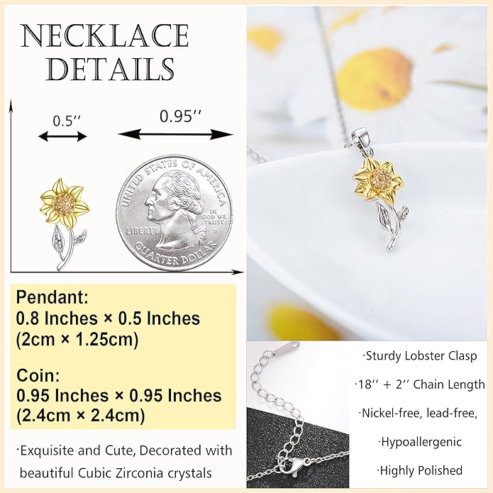 Tarsus Sunflower Necklace, You are My Sunshine, Sunflower Gifts Ideas for Women, Inspirational Gifts for Women Teen Girls Birthday Christmas Valentines Day