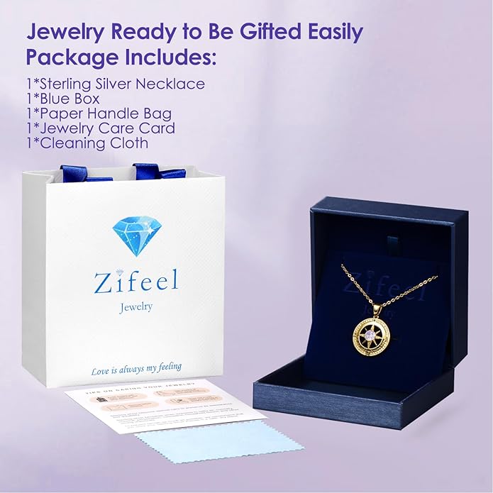 Zifeel Compass Necklace Gifts for Women wife - S925 Sterling Silver Birthstone Necklaces for Women - Anniversary Birthday Gifts for Her Wife Girlfriend - Valentines Mom Mothers Day Christmas Gifts Jewelry for Women