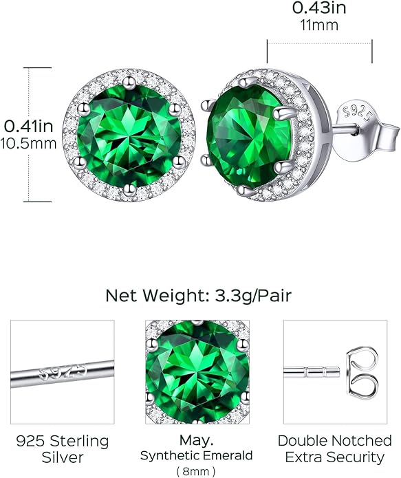 ChicSilver 925 Sterling Silver Birthstone Earrings for Women, 8MM/2 Carat Heart & Round Cubic Zirconia Stud Earrings, Hypoallergenic Jewelry, Ideal Birthday or Christmas Gifts