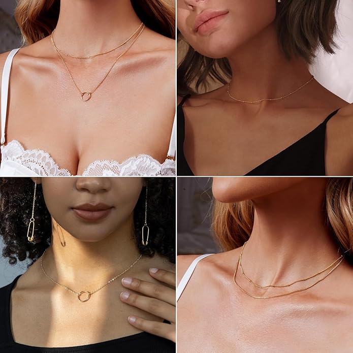 Gold Layered Necklaces for Women 14k Gold Plated Dainty Stackable Choker Necklaces for Women Trendy Layering Chain Cute Pendant Necklace Set Gold Jewelry for Women