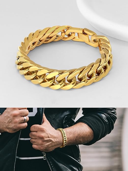 8/12/17mm Wide Cuban Link Bracelet for Men Father Gift 18K Gold/Black Plated Stainless Steel Bracelets 7.4-9 Inches(Gift Wrapped)