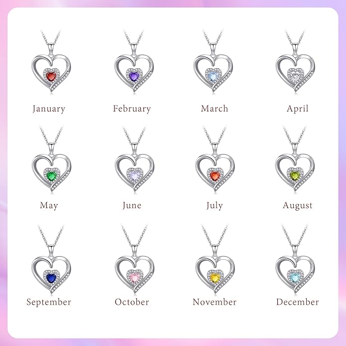 GLIVEOR Heart Birthstone Necklace for Women,S925 Sterling Silver Necklace Birthstone Necklace Heart Necklace for Women Birthday Jewelry Gifts for Women