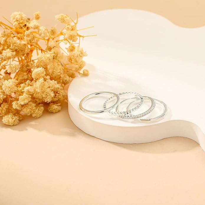 Gold Silver Stackable Rings for Women Non Tarnish 1.3mm Thin Silver Rings Set 14K Gold Plated Dainty Trendy Cubic Zirconia Band Stacking Thumb Ring Jewelry Gifts Size 5-10