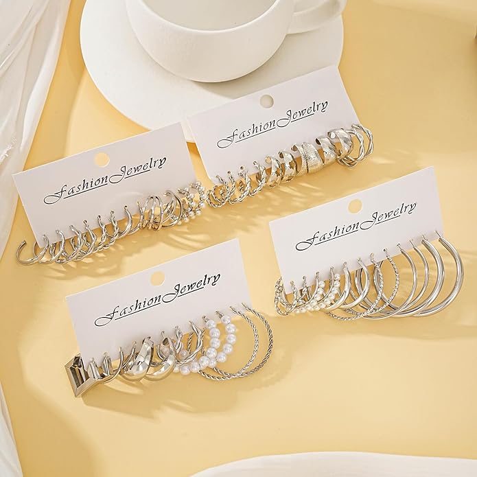 24 Pairs Chunky Gold Hoop Earrings Set for Women, Hypoallergenic Fashion Statement Hoops Earrings Pack Assorted Small Big Twisted Hoop Jewelry for Gift