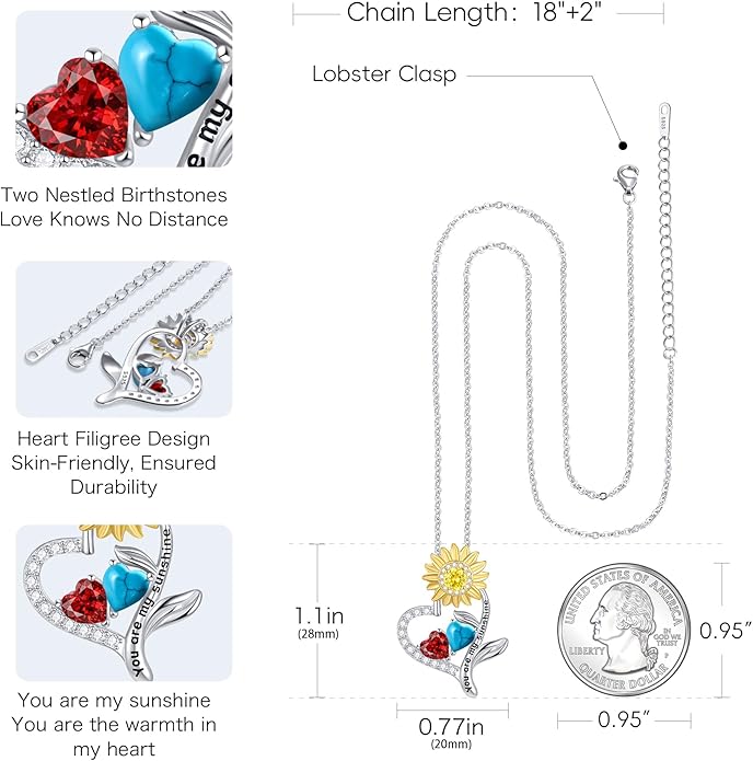 PERJI Valentine's Day Gifts for Women - 925 Sterling Silver Double Birthstone Sunflower Necklace, Anniversary Birthday Jewelry You are My Sunshine Gifts for Wife Couple Girlfriend 18"+2" Non Tarnish