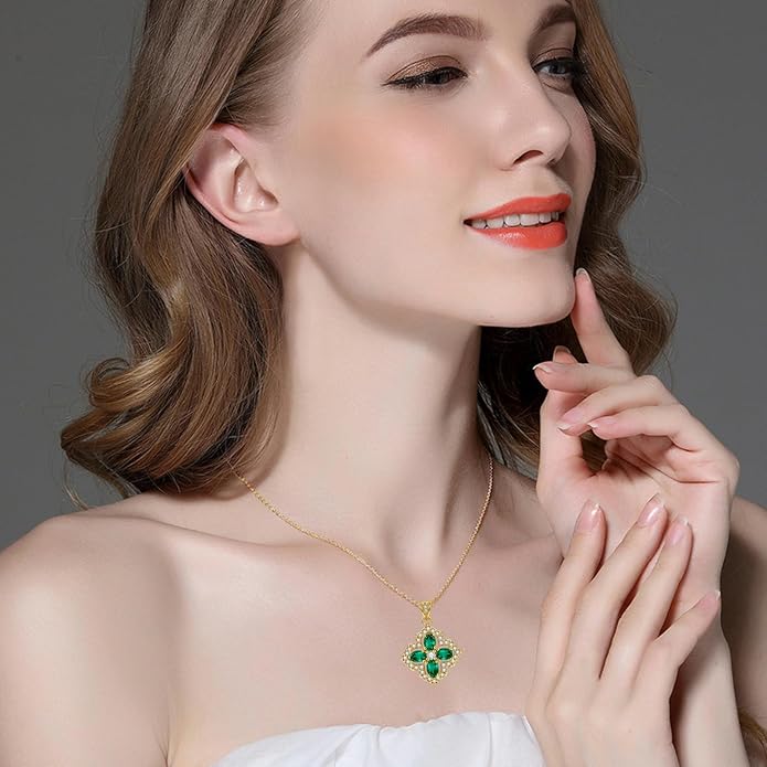 VONSSY Four Leaf Clover Necklace Earrings Shamrock Irish ST Patricks Jewelry Set Gift Green Emerald Zircon Crystal Stud 18k Gold Plated Chain Saint Pendant for Woman Wife Girlfriend