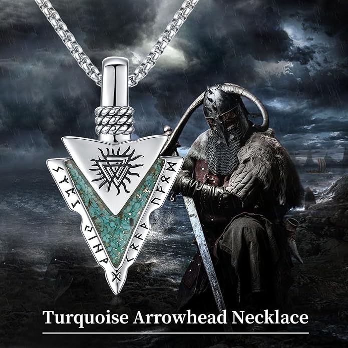 Suiknsn Arrowhead Necklace for Men Women 925 Sterling Silver Turquoise Malachite Celtic/Eye of Horus/Viking Arrow Pendant Amulet Jewelry Gifts Native American Necklace