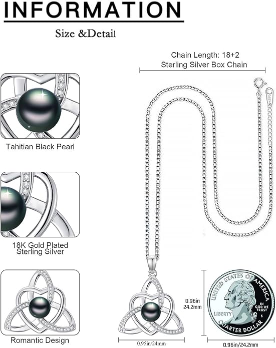 KANNSOAR Tahitian Black Pearl AAAA 18K White Gold Plated Sterling Silver Romantic Pendant Necklace for Women Wife Mom Girlfriend Her Jewelry Gift for Anniversary Birthday