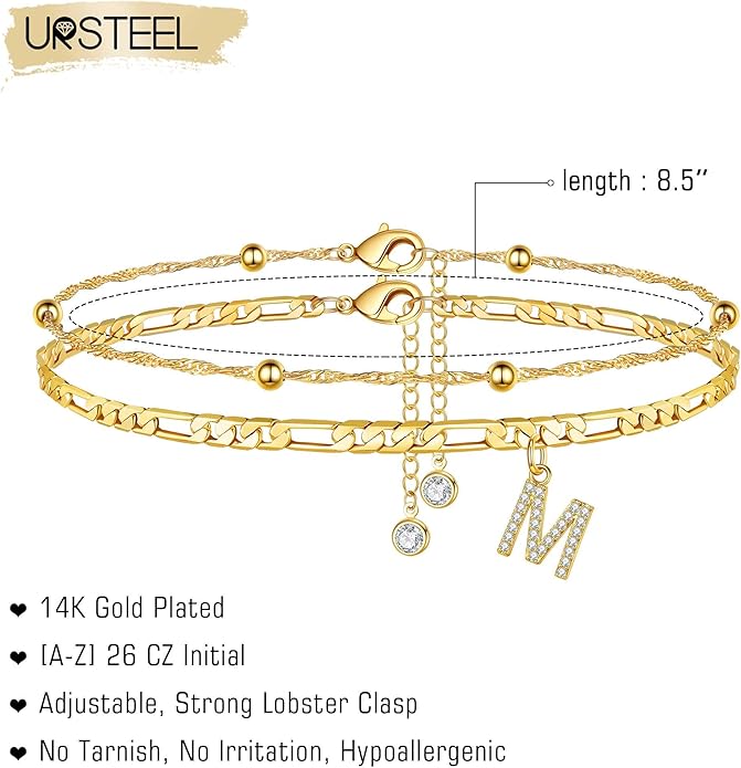 Ursteel Ankle Bracelets for Women, 14K Gold Plated Dainty Layered Chain CZ Initial Anklets Summer Jewelry Gifts for Women