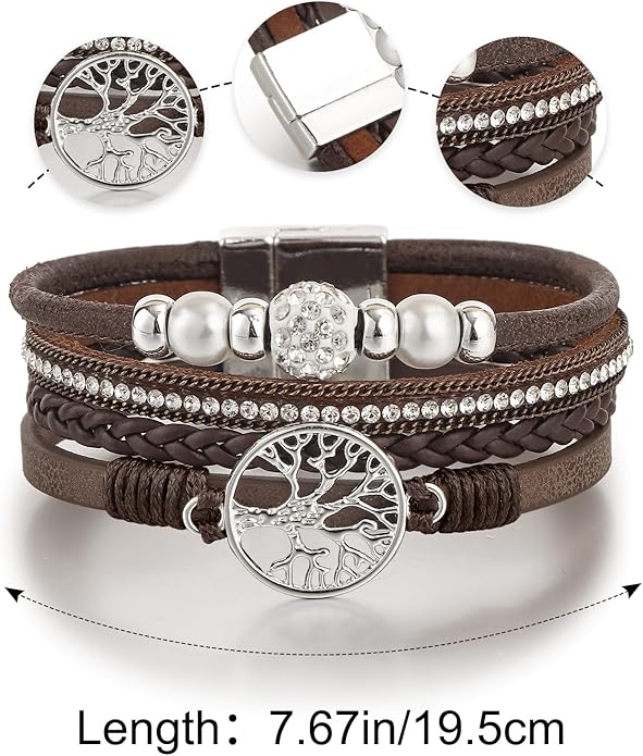 Edoneery Leather Wrap Bracelet for Women, Boho Handmade Multi-Layer Cuff with Crystal Beads Heart, Stackable Bangle Western Jewelry Gift