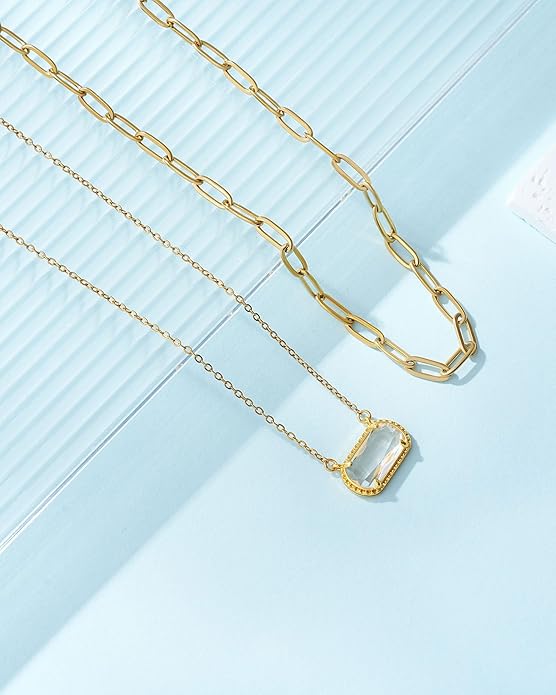 Lourny Gemstone Birthstone Pendant Layered Necklace for Women Trendy, 18K Gold Plated Paperclip Chain Preppy Choker Charm Necklace for Women Wife Jewelry