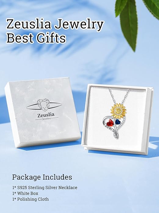 Zeuslia Double Birthstone Necklace Gifts for Wife - 925 Sterling Silver Sunflower/Rose/Crown Cross/Compass/Heart Pendant I Love You Necklace, Anniversary Birthday Gifts for Wife Girlfriend Mom Her