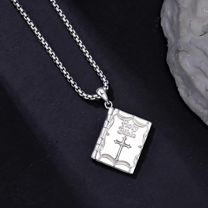 925 Sterling Silver Mini Bible Book Pendant Necklace, Openable Vintage Necklace, Christian Prayer Scripture Jewelry for Men and Women