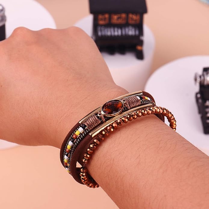 FANCY SHINY Leather Wrap Bracelets Crystal Beads Bracelet Boho Cuff Stone Charm Bracelets with Clasp Costume Jewelry for Women