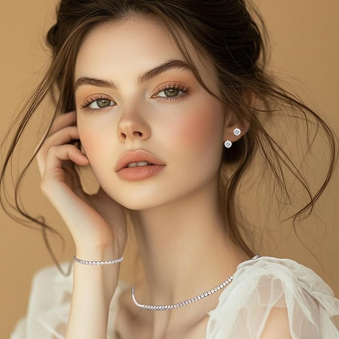 Wsedeluo Sterling Silver Jewelry Set for Women, Diamond Tennis Necklace Bracelet with Stud Earrings, Elegant Women Gift Set for Wedding, Birthday, Valentine’s Day,Engagement, Anniversary, Christmas