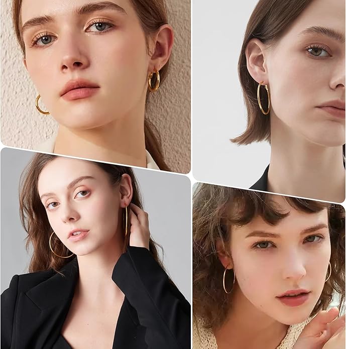 4 Pairs Silver Gold Hoop Earrings for Women | 14K Gold Plated Hoop Earrings Set Hypoallergenic Earring Lightweight Dangle Earrings Set