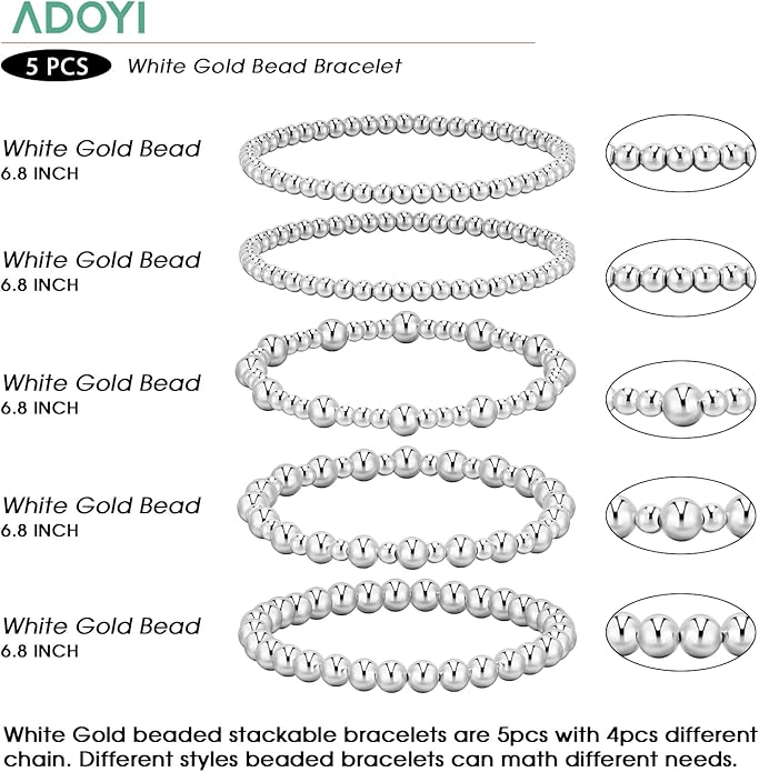 adoyi Gold Bracelets for Women Waterproof, 14K Gold Plated Beaded Strand Bead Ball Bracelets stack Adjustable Jewelry Set for Gifts