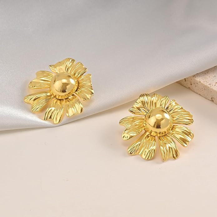 Womens Floral Gold Studs Earrings - 14K Gold Plated Earring,Personality Summer Big Flower Stud,Hypoallergenic Statement Chunky Ear Rings Aretes Trendy Jewelry,Christmas Birthday Prom Gifts for Her