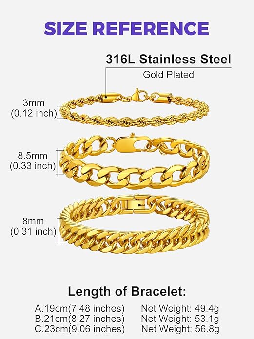 Richsteel 2PCS/3PCS Bracelets Chain for Men Women Stainless Steel Silver/Gold/Black Cuban/Rope Link Chain Bracelets Set, 7.4/8.2/9 Inch Hand Chain Length for Men Women Jewelry