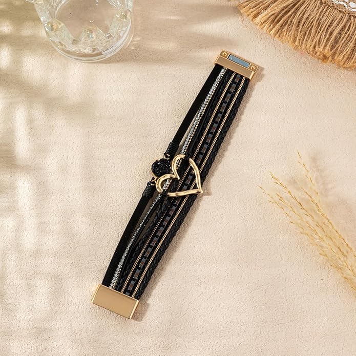 Rantanto Braid Leather Wrap Bracelet Trendy Stackable Crystal Cuff Boho Gold Heart Bracelet Jewelry Gift For Women