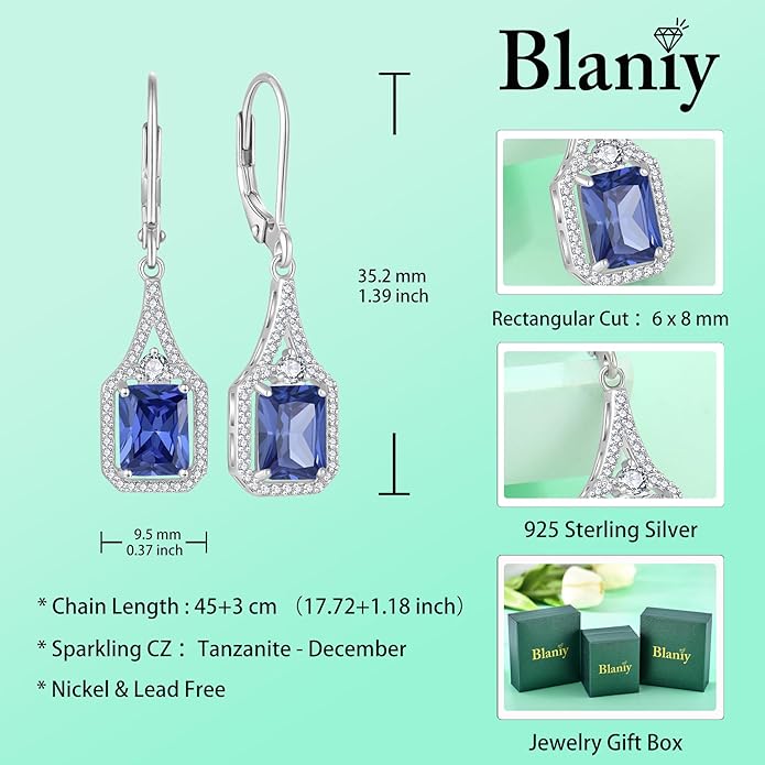 Emerald Cut Dangle Drop Earrings 925 Sterling Silver Halo Rectangular Leverback Earrings Birthstone Jewelry for Women