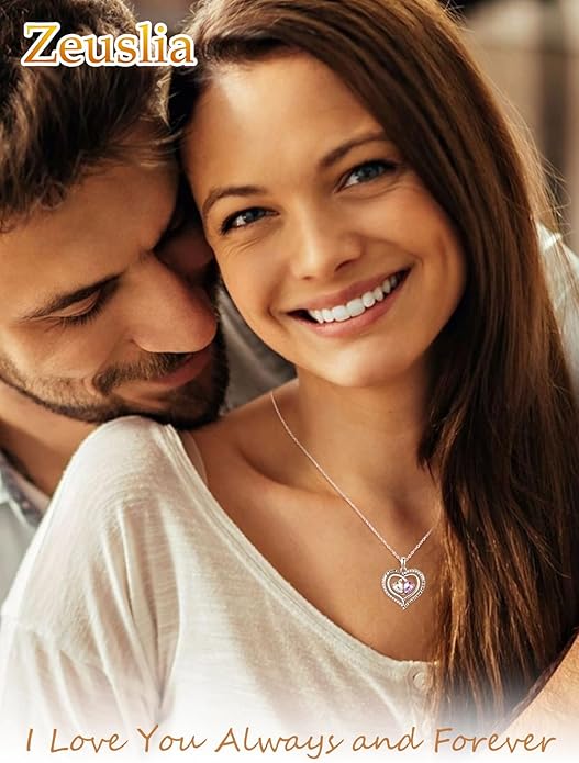 Zeuslia Double Birthstone Necklace Gifts for Wife - 925 Sterling Silver Sunflower/Rose/Crown Cross/Compass/Heart Pendant I Love You Necklace, Anniversary Birthday Gifts for Wife Girlfriend Mom Her