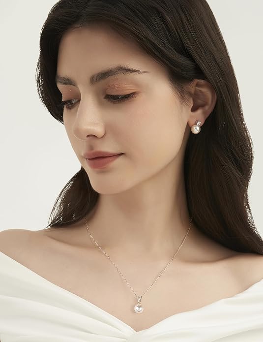 Mameloly Pearl Necklaces for Women Trendy 925 Sterling Silver Dainty V CZ Pendant 10MM/12MM Single Simulated White Pearl Choker Necklace for Women Wedding Cute Jewelry