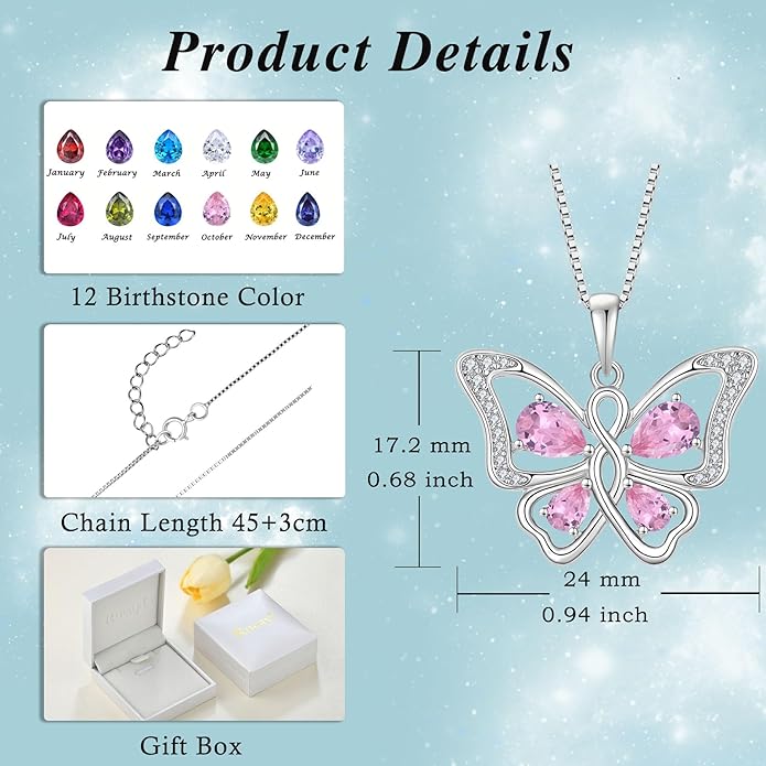Butterfly Necklace 925 Sterling Silver Cubic Zirconia Birthstone Jewelry Gifts for Women Wife Mother