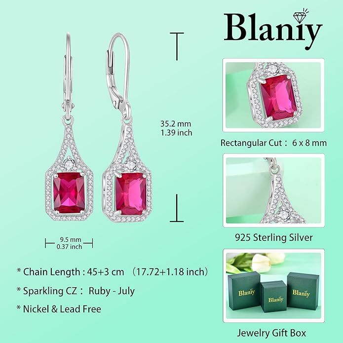 Emerald Cut Dangle Drop Earrings 925 Sterling Silver Halo Rectangular Leverback Earrings Birthstone Jewelry for Women