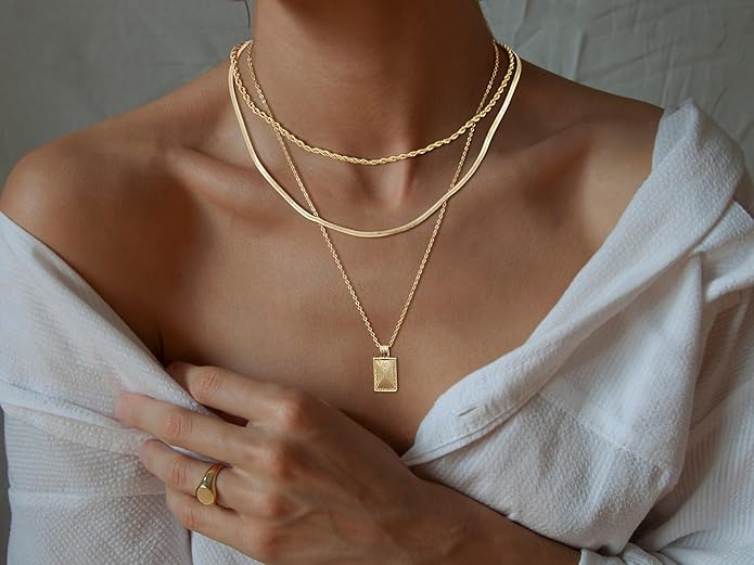 Layered Gold Silver Necklaces for Women, Stackable Stack 14K Real Gold Plated Silver Chain Necklace Diamond Circle CZ Layering Pendant Necklaces Trendy Gold Jewelry Set Gifts