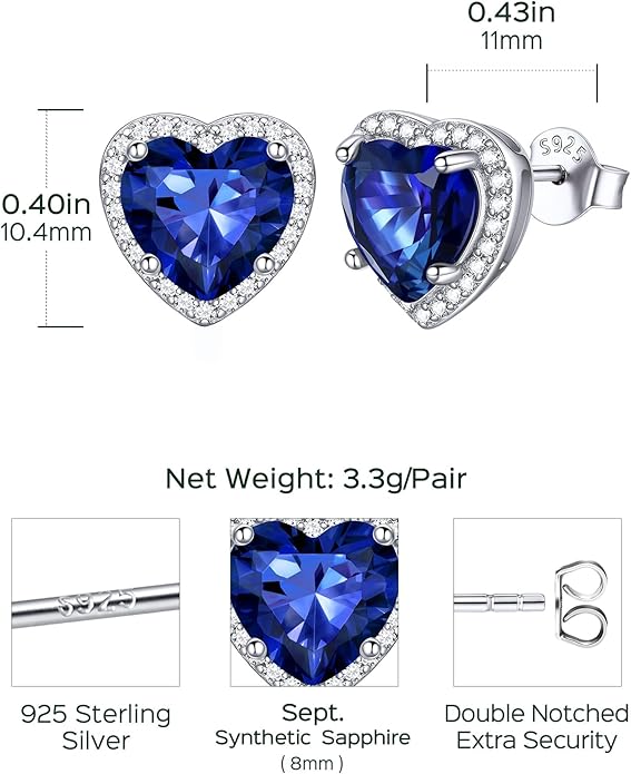 ChicSilver 925 Sterling Silver Birthstone Earrings for Women, 8MM/2 Carat Heart & Round Cubic Zirconia Stud Earrings, Hypoallergenic Jewelry, Ideal Birthday or Christmas Gifts