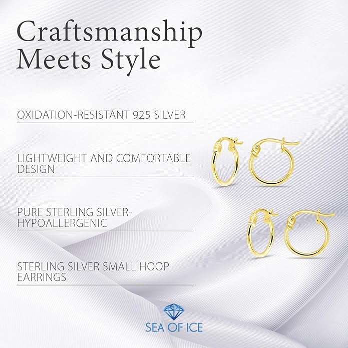 SEA OF ICE 925 Sterling Silver Hoop Earrings for Women - Hypoallergenic Earrings for Women in Sterling Silver, Yellow Gold, Rose Gold or Black Rhodium | Sizes 12MM, 15MM, 20MM or Multipack