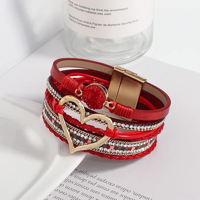 Leather Wrap Bracelet for Women Beaded Cuff Bracelet with Heart-shape Decor Bohemian Crystal Bracelet Jewelry with Clasp Bangle Bracelet for Women Girls Birthday Holiday Gift