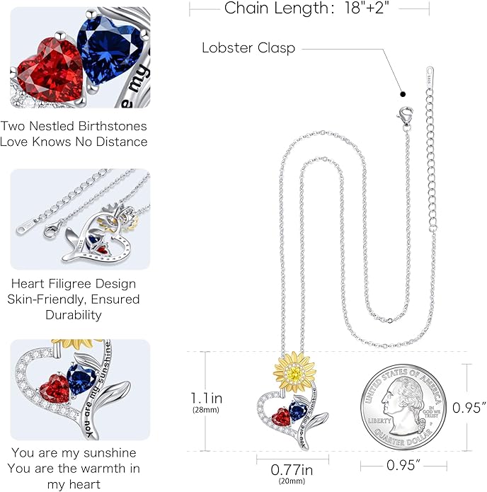 PERJI Valentine's Day Gifts for Women - 925 Sterling Silver Double Birthstone Sunflower Necklace, Anniversary Birthday Jewelry You are My Sunshine Gifts for Wife Couple Girlfriend 18"+2" Non Tarnish