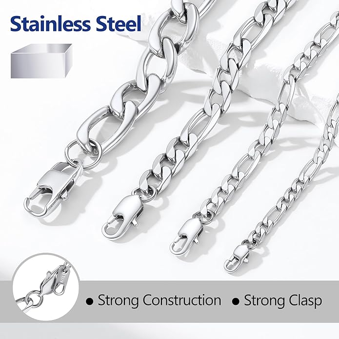 PROSTEEL 316L Stainless Steel Figaro Cuban Chain Necklace for Men, Black/18K Real Gold Plated, 4/5/6/7.5/9/10/13mm, 14inch-30inch, Come with Box