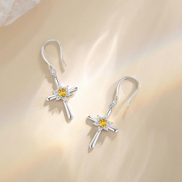 FANCIME Cross Dangle Drop Earrings 925 Sterling Silver Dainty Round Birthstone Earring Fine Jewelry Birthday Gifts for Her Women