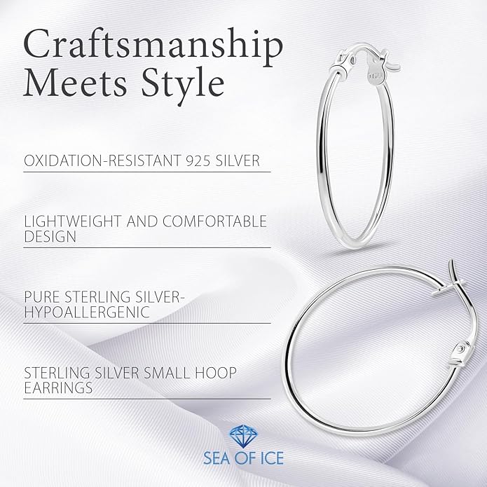 SEA OF ICE 925 Sterling Silver Hoop Earrings for Women - Hypoallergenic Earrings for Women in Sterling Silver, Yellow Gold, Rose Gold or Black Rhodium | Sizes 12MM, 15MM, 20MM or Multipack