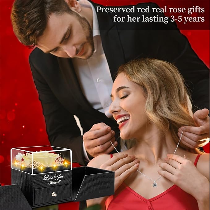 Preserved Lemon Yellow Real Rose with Heart I Love You Necklace -Eternal Flowers Rose Birthday Gifts for Women Her Mom Wife Girlfriend Grandma on Valentines Mothers Day Christmas Anniversary Romantic