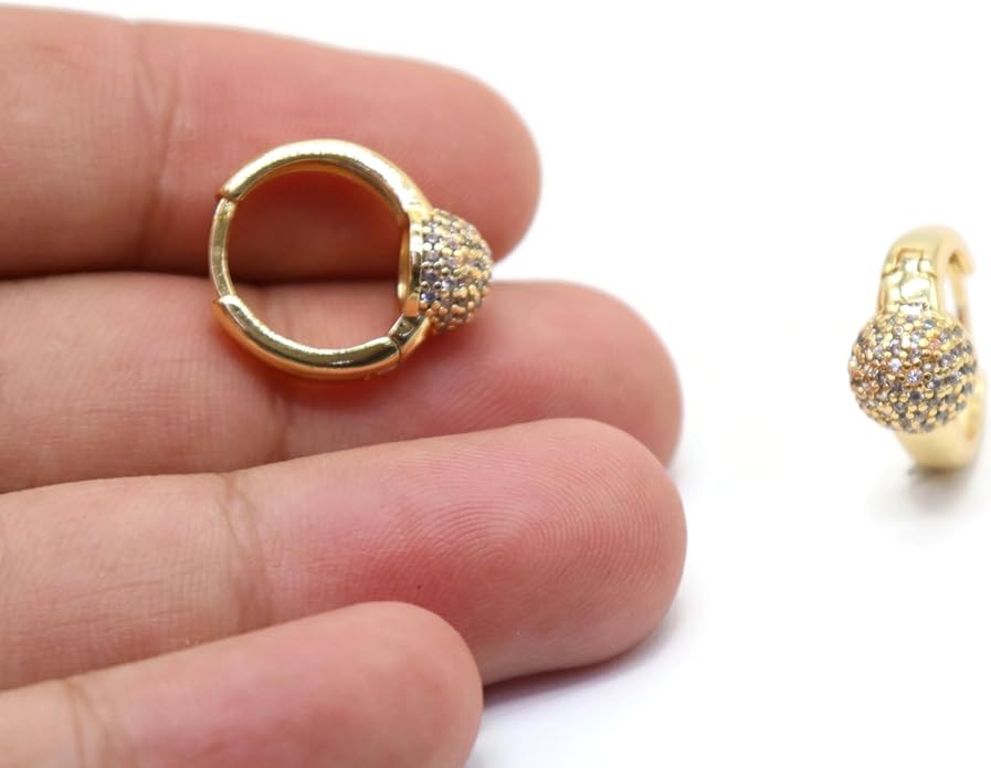 Tone Huggie Hoop Earrings-Opener CZ Ball Accent, 15mm Small Hoops.KT0026