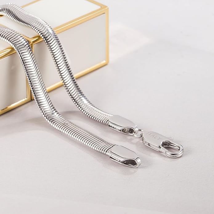Dankadi Men 925 Sterling Silver Necklace Italian 6MM-8MM Flexible Flat Snake Chain Choker 16-30 Inch 24K Gold plated Fine Jewelry Gifts for Women