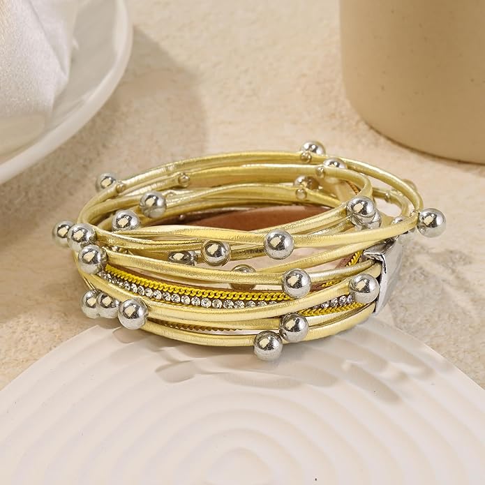 ENGCKSHI Wrapped Bracelets for Women,Leather Bracelet,Boho Bracelets for Women,Multi-Layer Pearl Crystal Bracelet Bangle Jewelry