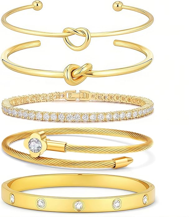 FAFUGA 18 K Gold Plated Love Bangle Bracelet Stack Cuff Jewelry for Women Jewelry Set for Women Gift with Box